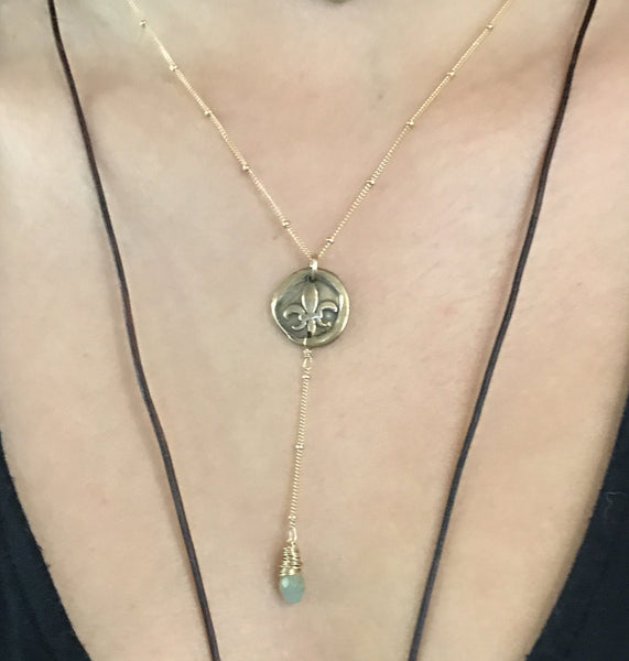 Handmade 14K Gold Fill Fleur de Lis Charm Lariat Delicate Necklace with Aqua Marine Drop