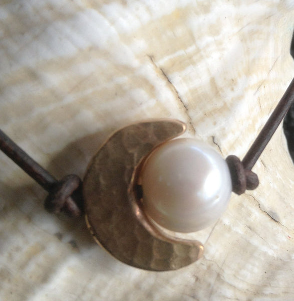 Handmade Hammered Sterling Silver Crescent Moon Choker and Pearl on Antique Brown Leather Cord with Pearl Closure