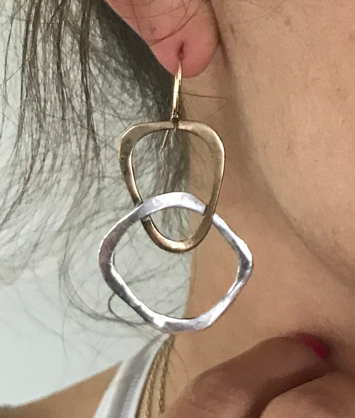 Handmade Sterling Silver and Bronze Organic Triangle Large Circle Earrings