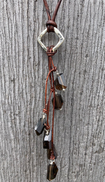 Handmade Organic Silver Diamond Leather Adjustable Lariat Necklace with Variegated Smokey Quartz Cluster