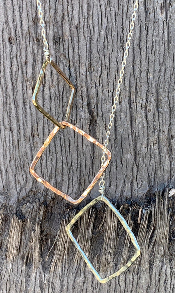 Mixed Metal Three Squares Long Lariat Trinity Necklace