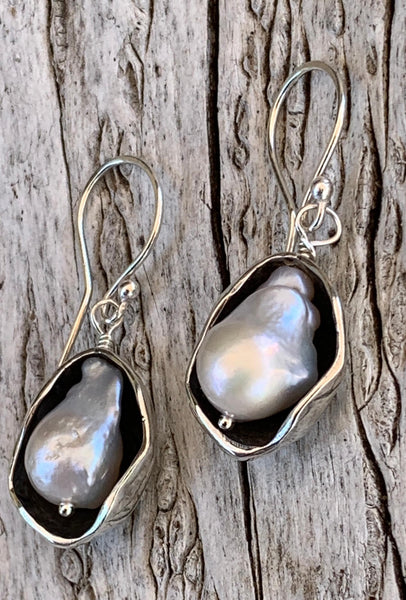 Sterling Silver Pod Earrings with Flame Ball Pearls