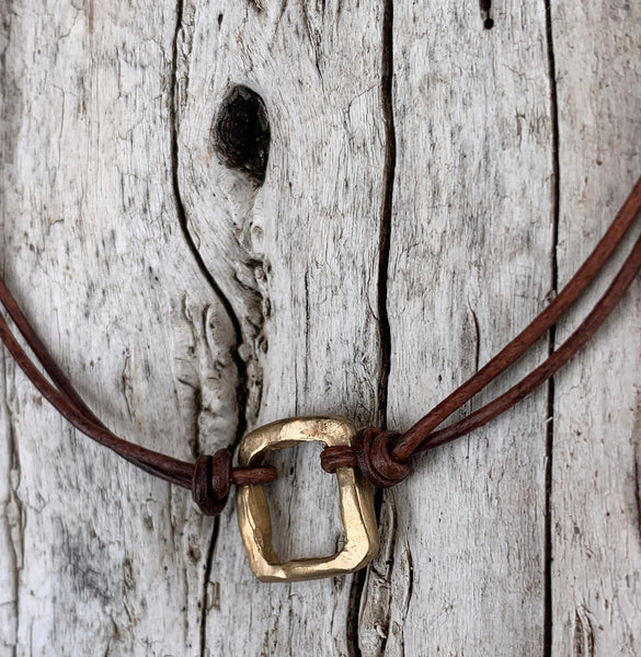 Handmade Organic Bronze Square Leather Choker Necklace