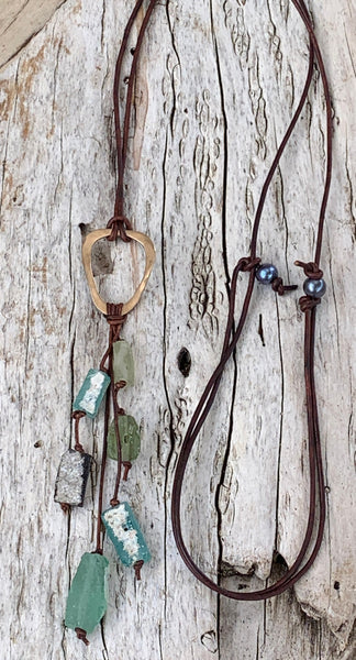 Handmade Bronze Organic Triangle Leather Adjustable Long Lariat Necklace with Roman Glass