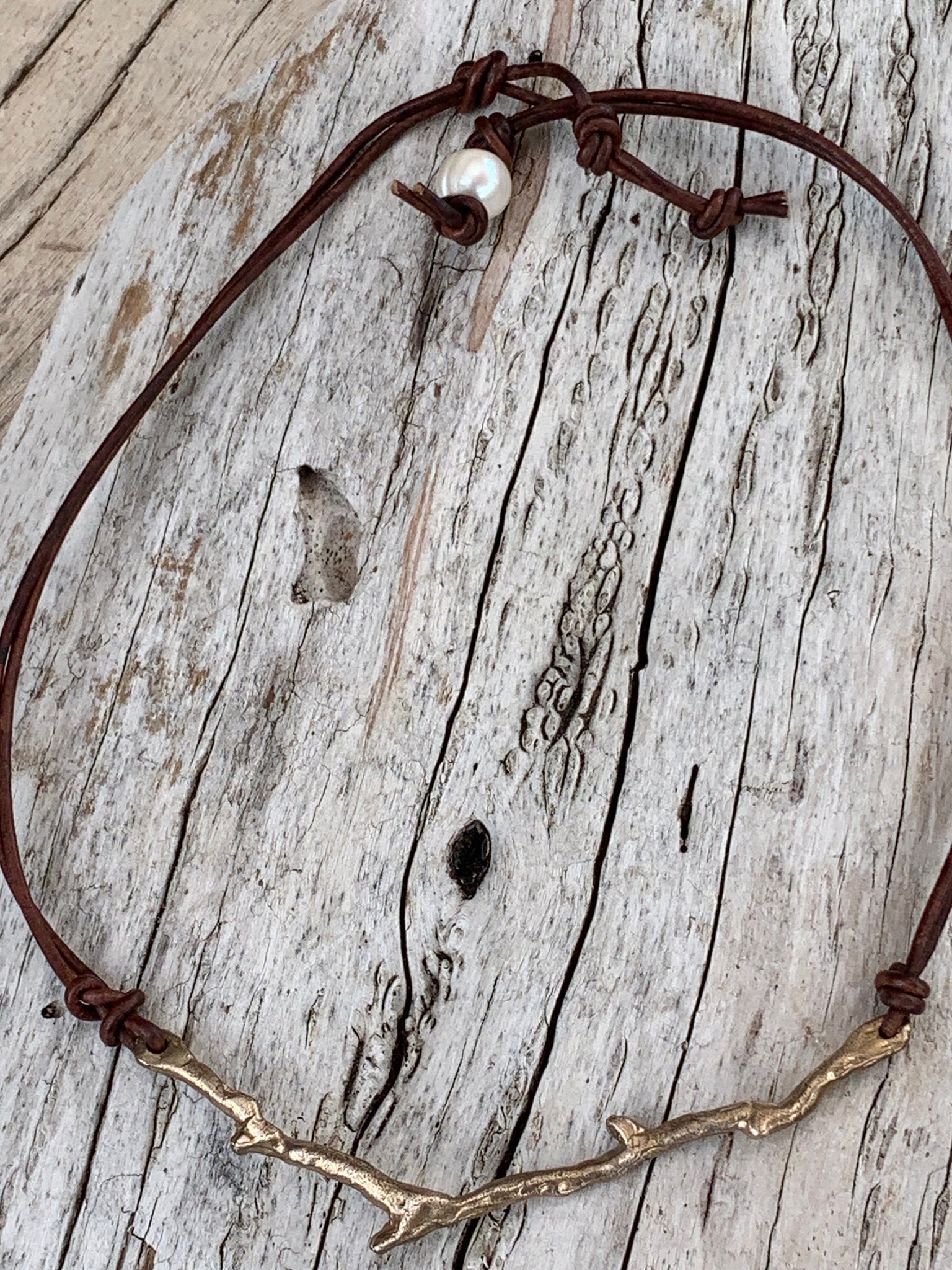 Handmade Bronze Coral Branch Necklace on 1.5 MM Antique Brown Leather Cord with Pearl Closure