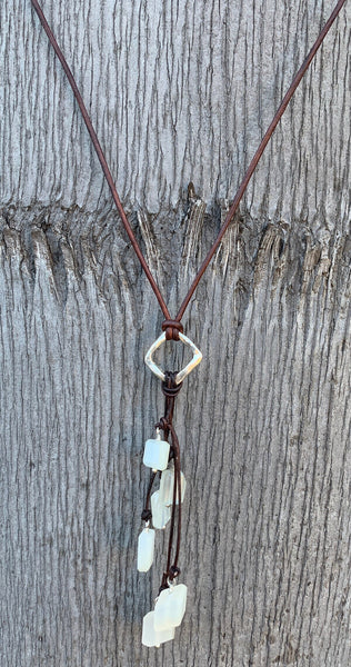 Handmade Organic Silver Diamond Leather Adjustable Lariat Necklace with Variegated Moonstone Cluster