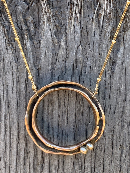 14k Gold Fill Organic Two Peas in a Pod Circle Necklace with Bronze Beads