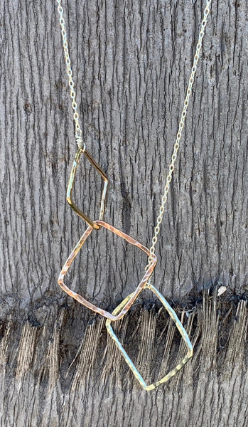 Mixed Metal Three Squares Long Lariat Trinity Necklace