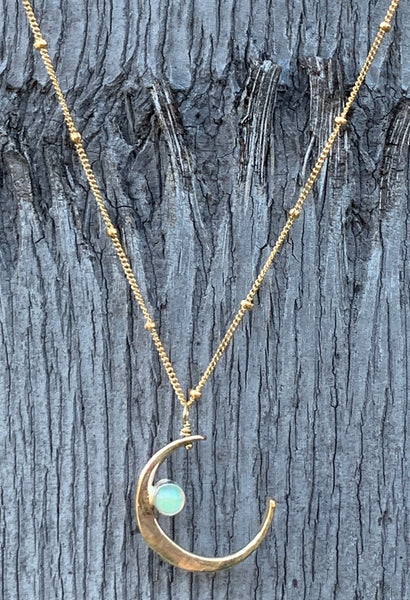 Handmade 14K Gold Fill Crescent Moon Necklace with Tube Set Opal