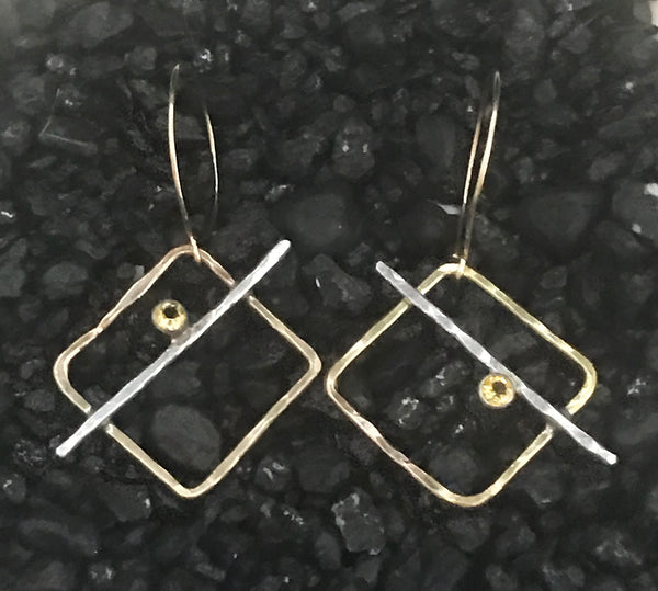 Mixed Metal Square Earrings with Tube Set Aquamarine