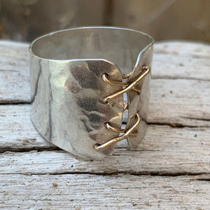 Silver Cuff Corset Ring with Gold Wire Lacing