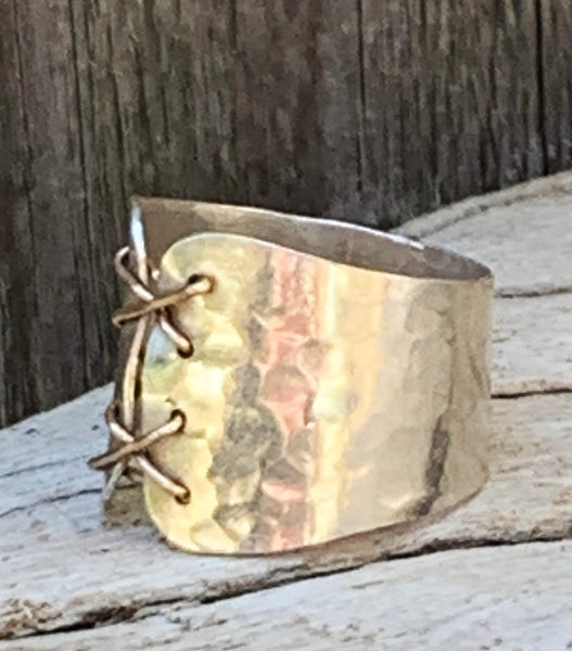 Silver Cuff Corset Ring with Gold Wire Lacing