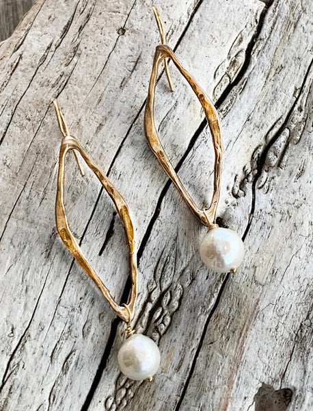 Handmade Bronze Organic Diamond Shape Long Earrings with Pearl Drop