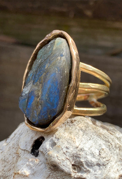 Handmade Gold Fill Oval Raw Labradorite Wrap Style Ring