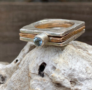 Handmade Mixed Metal Hammered Square Stacking Rings with Tube Set Aquamarine