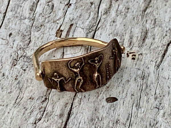 Bronze Cave Art Ring with 14K Gold Fill Band