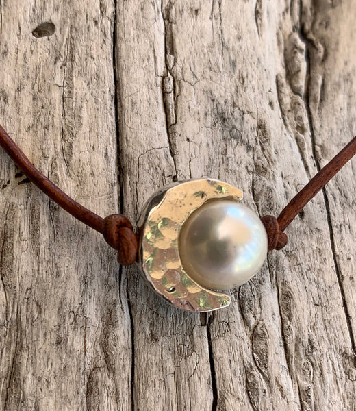 Handmade Hammered Sterling Silver Crescent Moon Choker and Pearl on Antique Brown Leather Cord with Pearl Closure