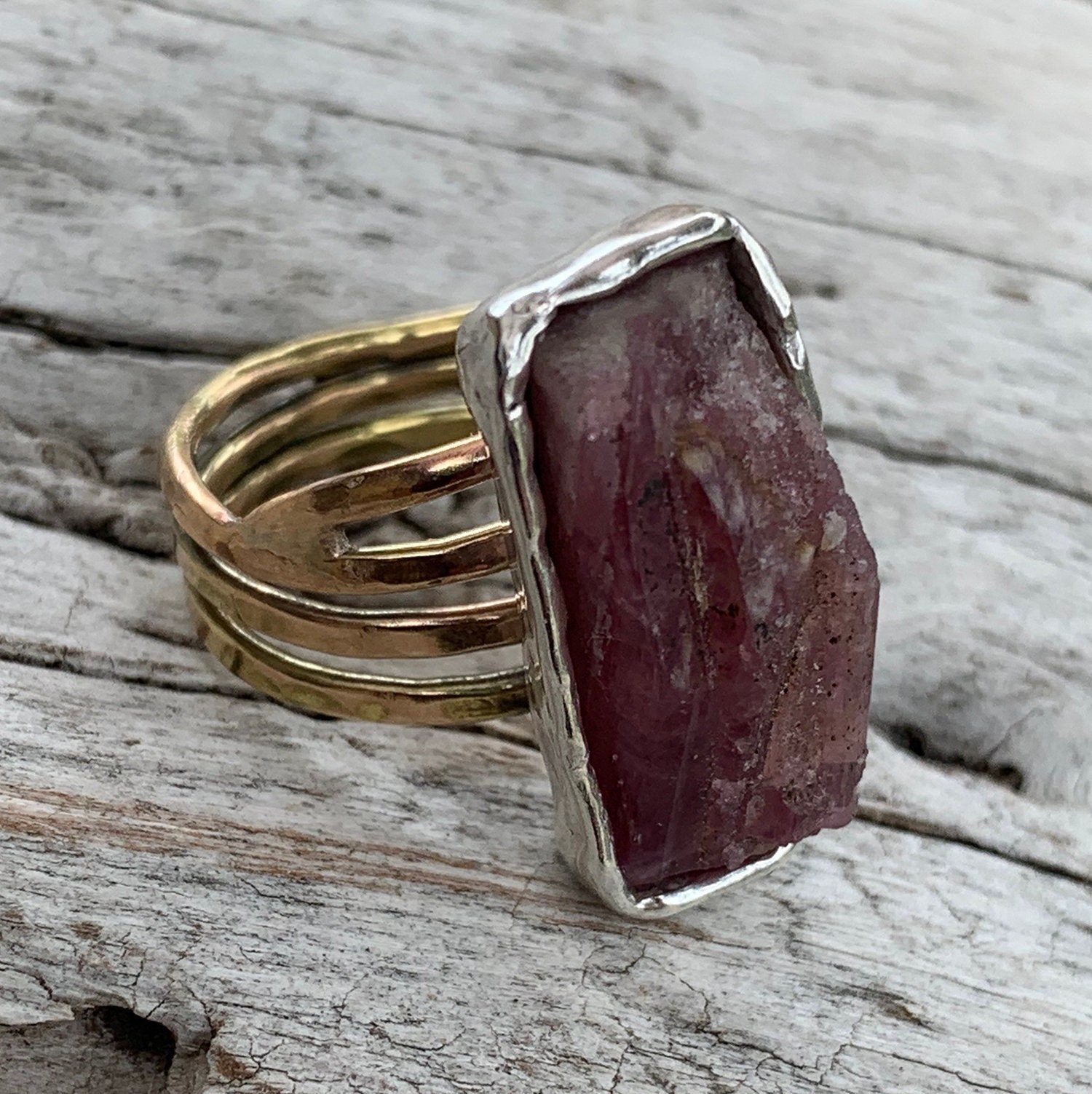 Handmade Mixed Metal Rectangular Raw Pink Tourmaline Wrap Style Ring