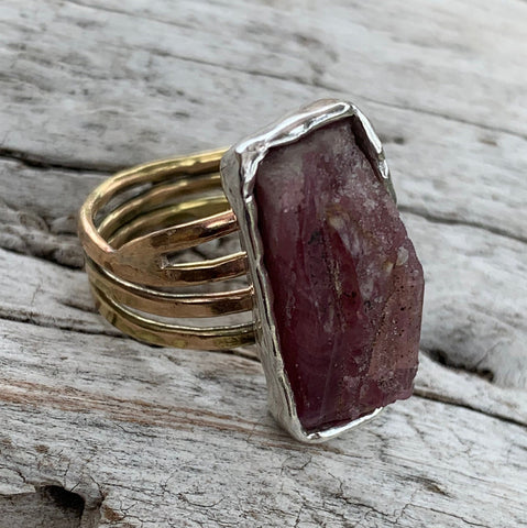 Handmade Mixed Metal Rectangular Raw Pink Tourmaline Wrap Style Ring