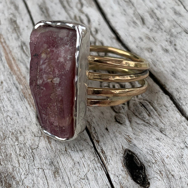 Handmade Mixed Metal Rectangular Raw Pink Tourmaline Wrap Style Ring