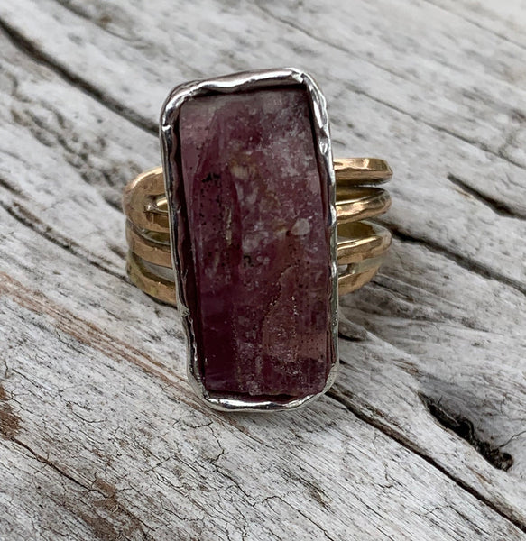 Handmade Mixed Metal Rectangular Raw Pink Tourmaline Wrap Style Ring