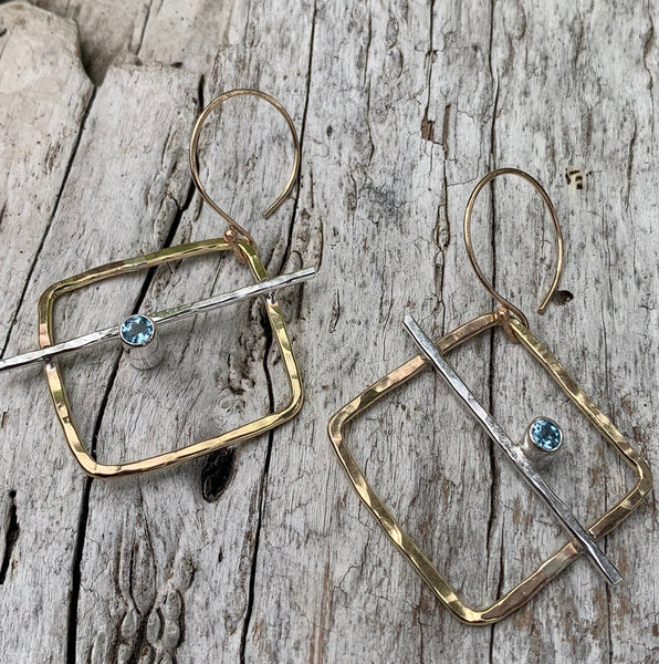 Mixed Metal Square Earrings with Tube Set Aquamarine