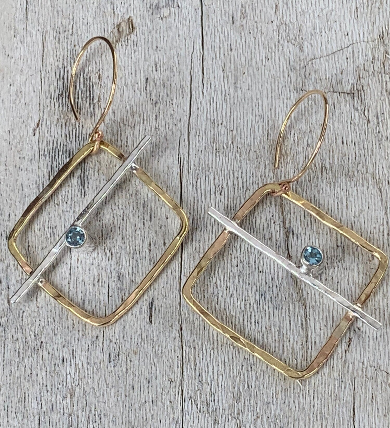 Mixed Metal Square Earrings with Tube Set Aquamarine