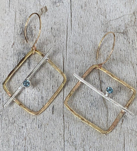 Mixed Metal Square Earrings with Tube Set Aquamarine