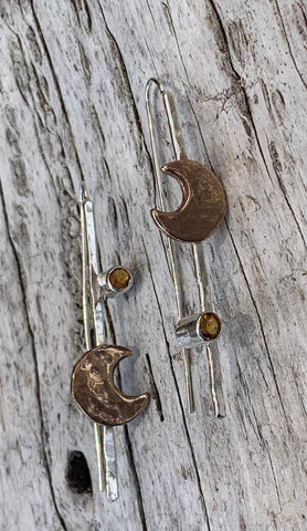 Handmade 14K Gold Fill Earrings with Sterling Silver Hammered Crescent Moon and Tube Set Opal