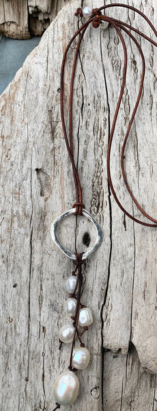 Handmade Sterling Silver Organic Circle Leather Adjustable Long Lariat Necklace with Freshwater Pearl Cluster