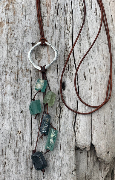 Handmade Sterling Silver Organic Circle Leather Adjustable Long Lariat Necklace with Roman Glass