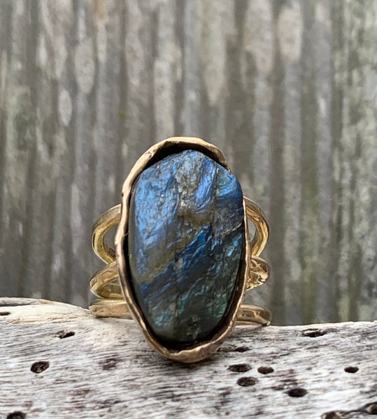 Handmade Gold Fill Oval Raw Labradorite Wrap Style Ring