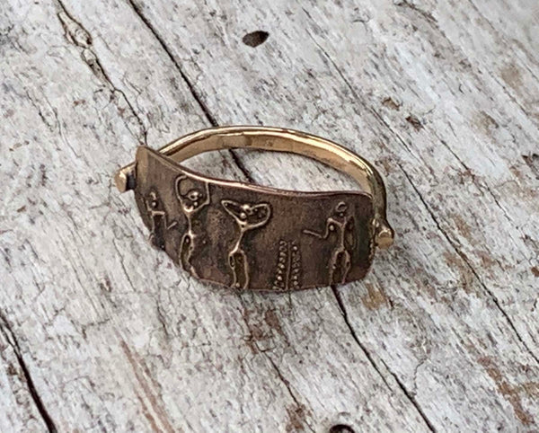 Bronze Cave Art Ring with 14K Gold Fill Band