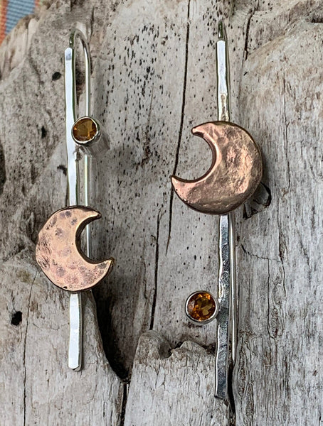 Mixed Metal Sterling Silver Earrings with Bronze Crescent Moons and Tube Set Citrine