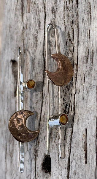 Mixed Metal Sterling Silver Earrings with Bronze Crescent Moons and Tube Set Citrine