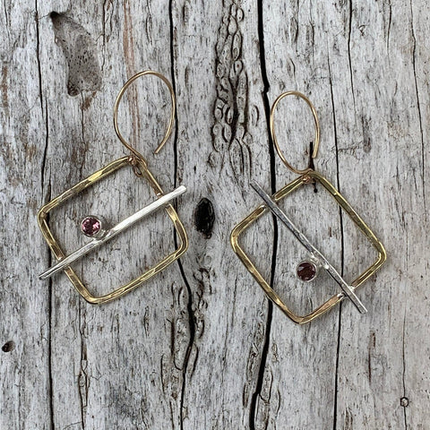 Mixed Metal Square Pink Tourmaline Tube Set Earrings