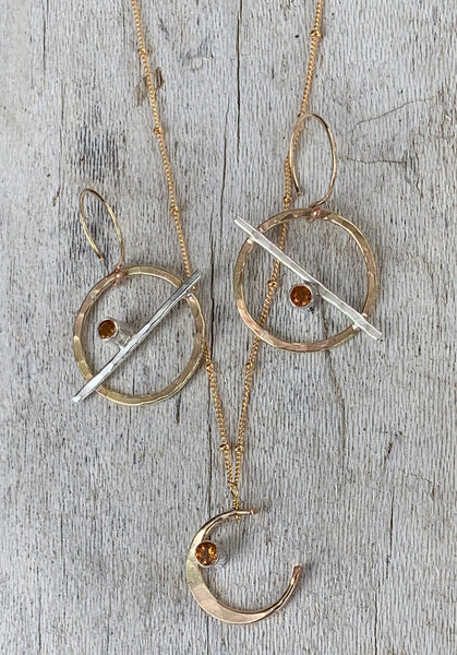 Mixed Metal Circle Earrings with Tube Set Citrine