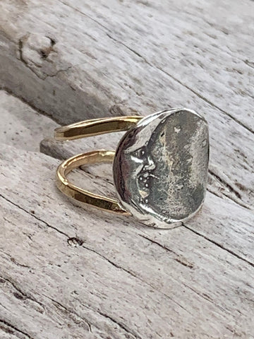 Silver Crescent Moon Ring with Double 14K Gold Fill Band