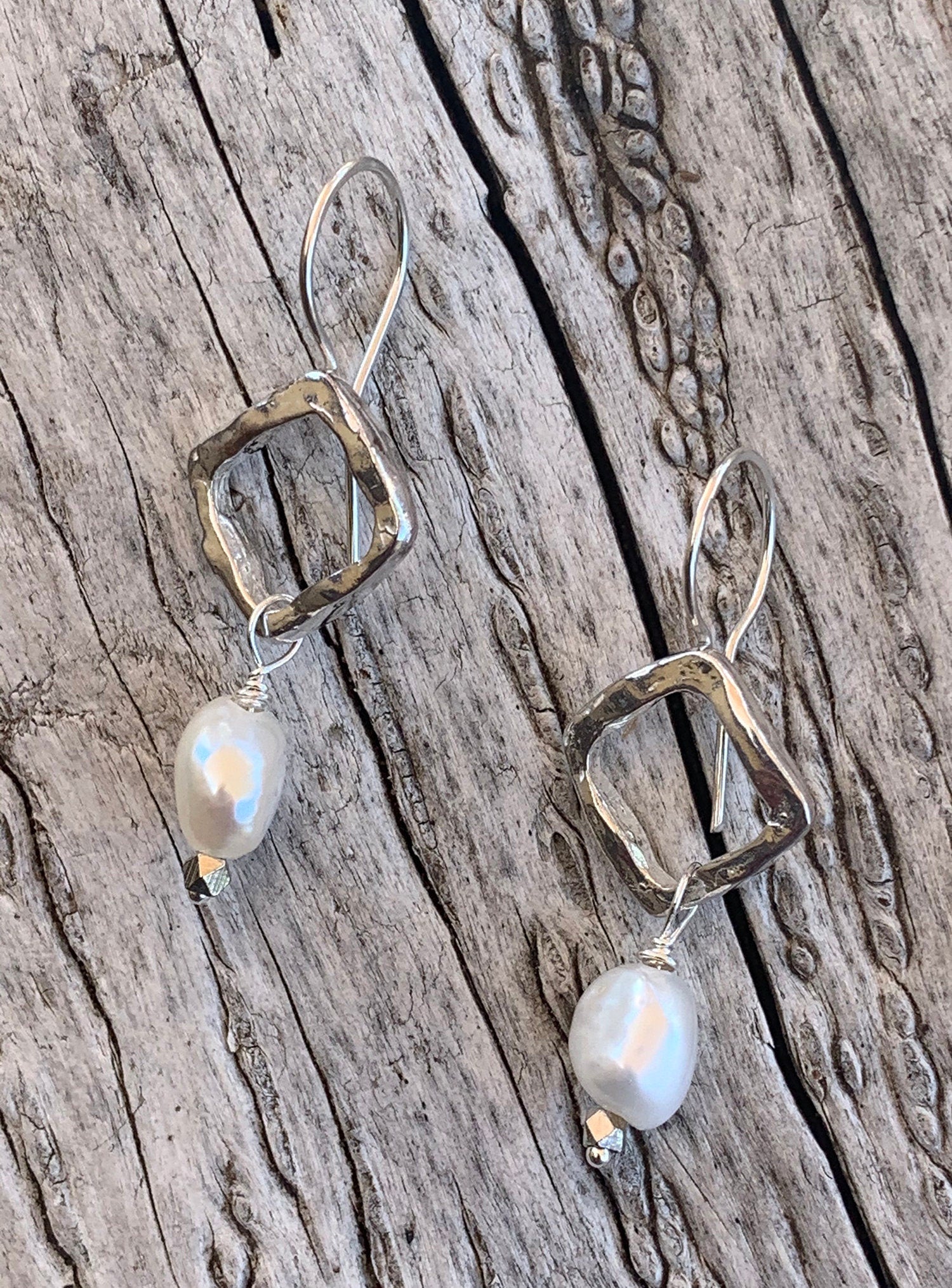 Handmade Sterling Silver Organic Square Earrings with Baroque Pearls Drop