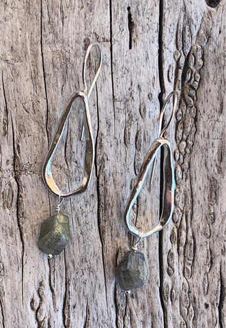 Handmade Sterling Silver Organic Tear Drop Shape Earrings with Labradorite Drop