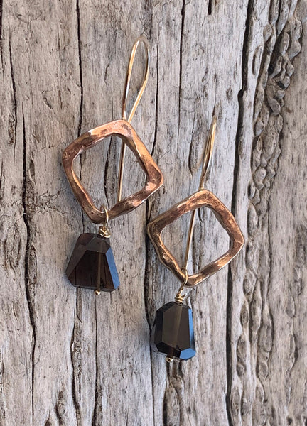 Handmade Bronze Organic Square Earrings with Step Cut Smokey Quartz Drop