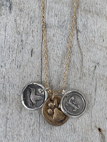 Four Legged Friend Memorial 14K Gold Fill Necklace with Sterling Silver Letter and Hummingbird Charms with Bronze Paw Charm