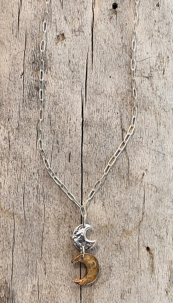 Handmade Sterling Silver and Bronze Two Moon Necklace on Sterling Silver Paper Clip Chain