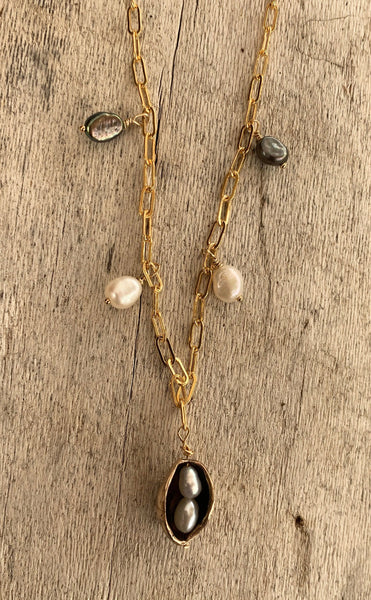 Handmade Bronze Two Peas in a Pod Necklace with Seed Pearls on 14K GF Paper Clip Chain