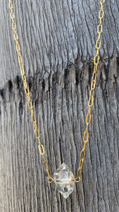 Handmade Single Herkimer Diamond Necklace on 14K GF Paper Clip Chain