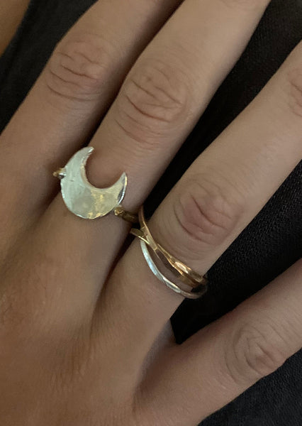 Silver Hammered Moon Ring with 14K Gold Fill Band