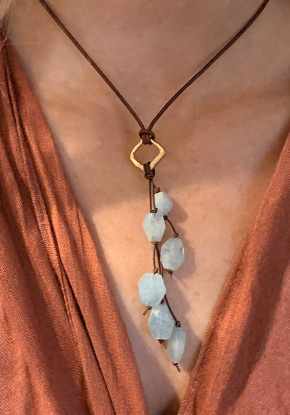 Handmade Organic Silver Diamond Leather Adjustable Lariat Necklace with Variegated Aquamarine Cluster