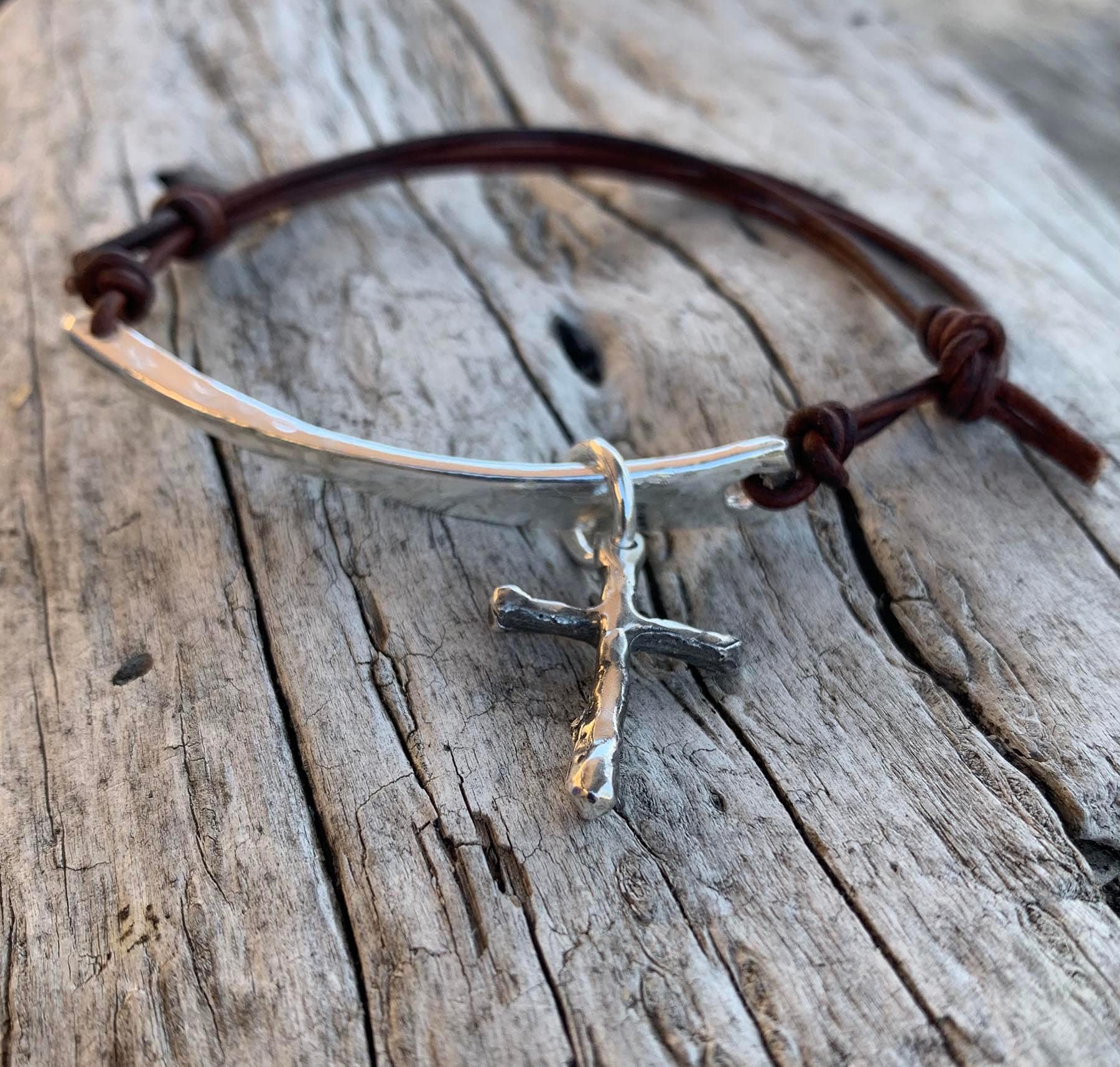 Hand Made Cast and Hammered Sterling Silver Organic Bar and Cross Leather Bracelet with Adjustable Silver Pearl Closure