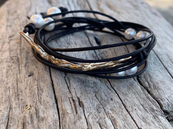 Hand Made Cast Sterling Silver Coral Branch Wrap Antique Brown Leather Bracelet with six 5mm Pearls and Pearl Closure