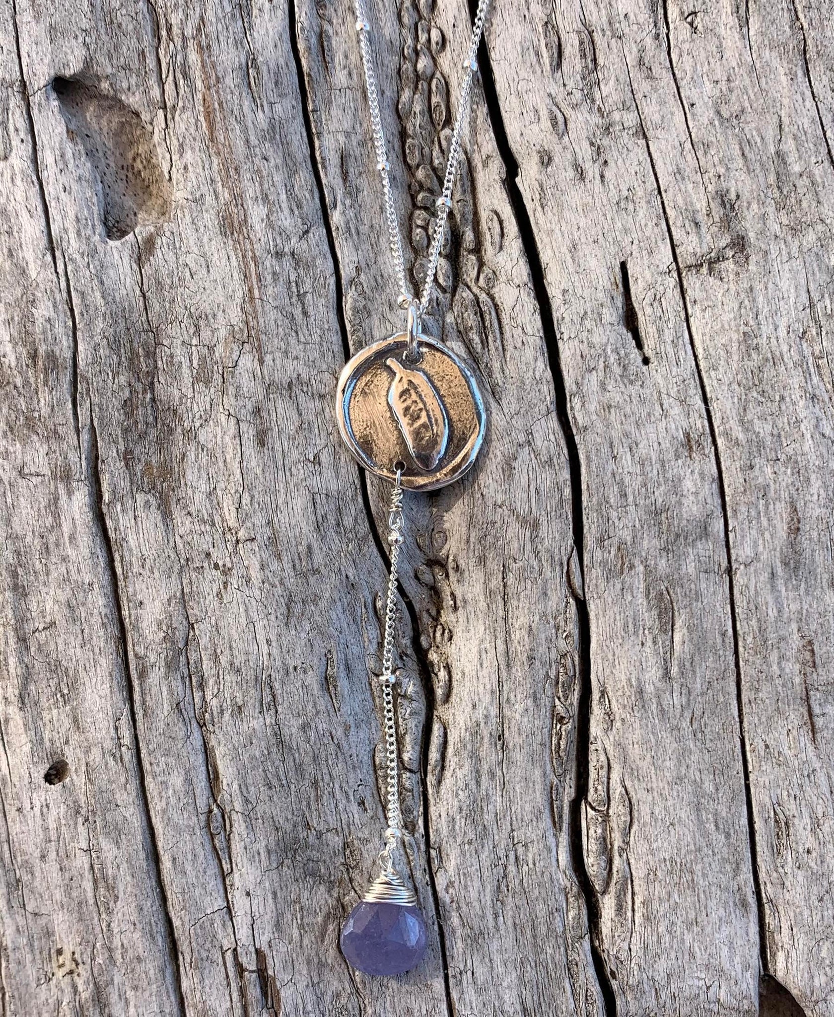 Handmade Sterling Silver Feather Charm Lariat Delicate Necklace with Tanzanite Drop